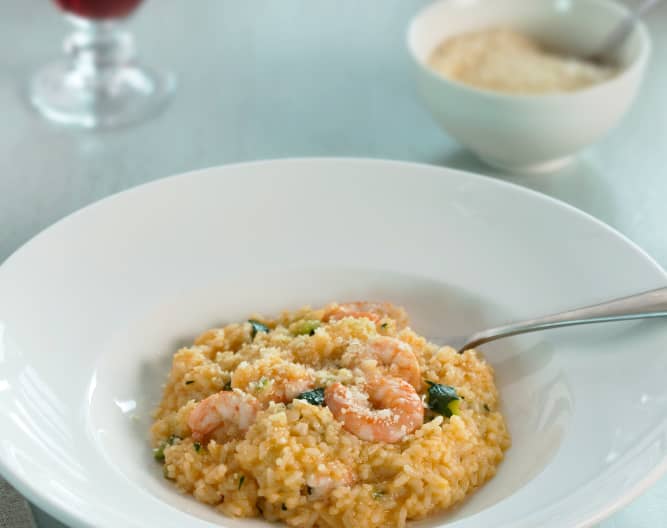 Risotto de zapallito italiano y camarones